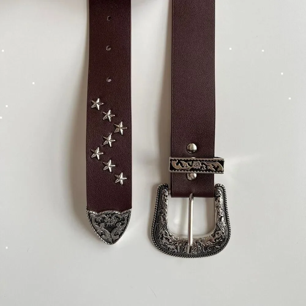 y2k brown american western cowboy boho star studded belt